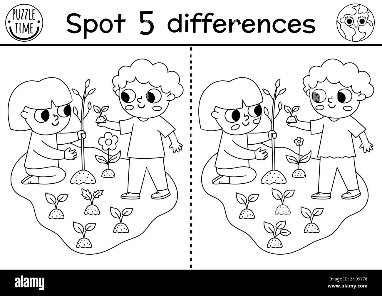 Trouver le jeu différences. Activité éducative écologique en noir et blanc avec le joli arbre de plantation de garçon et de fille. Casse-tête de la ligne du jour de la Terre pour les enfants. Respectueux de l'environnement Illustration de Vecteur