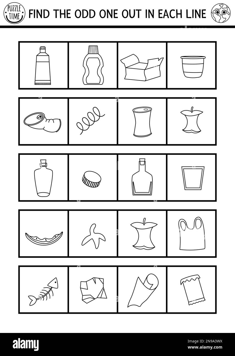 Trouvez l'étrange. Activité logique écologique noir et blanc pour les enfants. Fiche de quiz pédagogique sur la sensibilisation à l'environnement zéro déchet pour les enfants pour les enfants Illustration de Vecteur
