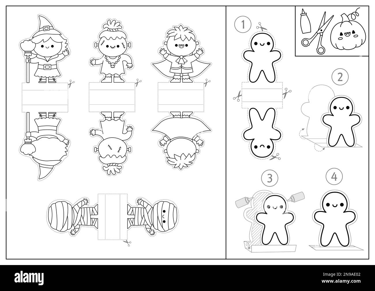 Ensemble de poupées en papier noir et blanc d'Halloween Vector. Marionnettes à doigts mignons ou frites avec sorcière, vampire, monstre. Carte d'artisanat pour les vacances d'automne ou d'automne Illustration de Vecteur