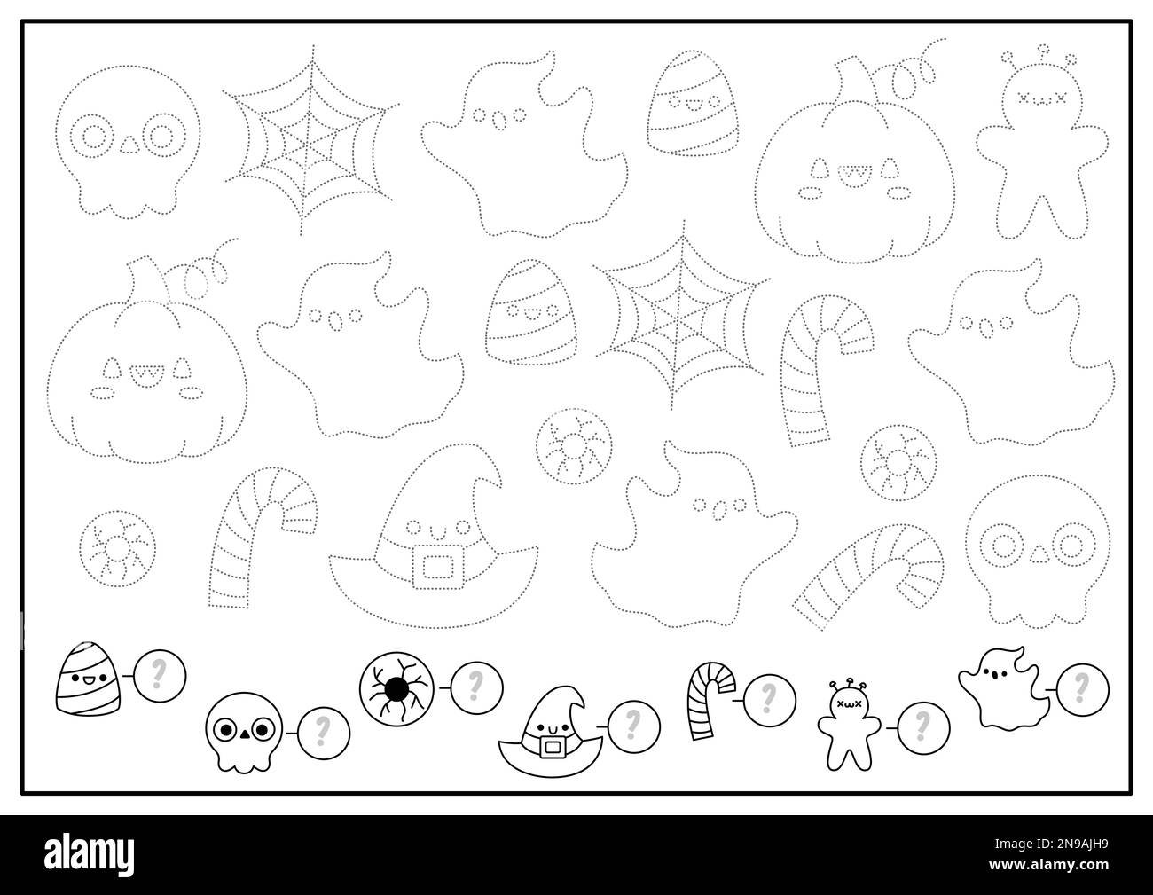 Feuille de travail de traçage d'Halloween avec personnages de vacances traditionnels. Activité de suivi et de comptage. Jeu éducatif de mathématiques, d'espionnage et de dessin. Vacances d'automne colo Illustration de Vecteur