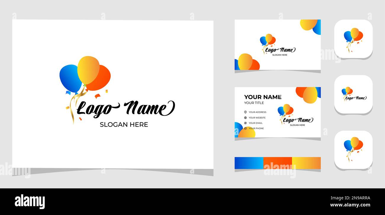 Modèle logo Creative Party ballon, concept amusant et coloré. Modèle créatif avec palette de couleurs, image de marque, carte de visite et icône. Illustration de Vecteur