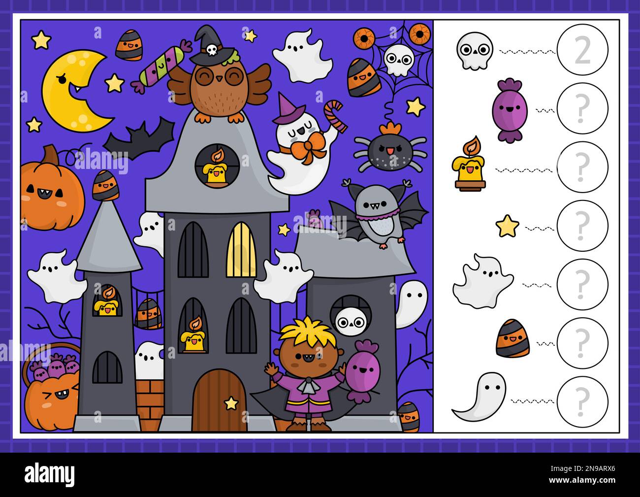 Jeu de recherche Vector Halloween avec maison hantée et personnages