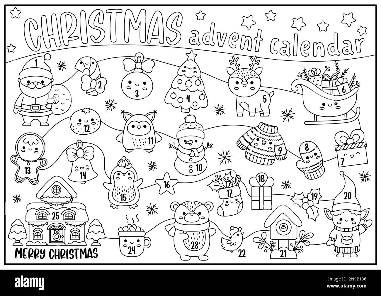 Labyrinthe de Noël noir et blanc vectoriel comme le calendrier de l'Avent avec des symboles de vacances. Ligne kawaii planificateur hiver pour les enfants. Couleur du nouvel an festif Illustration de Vecteur