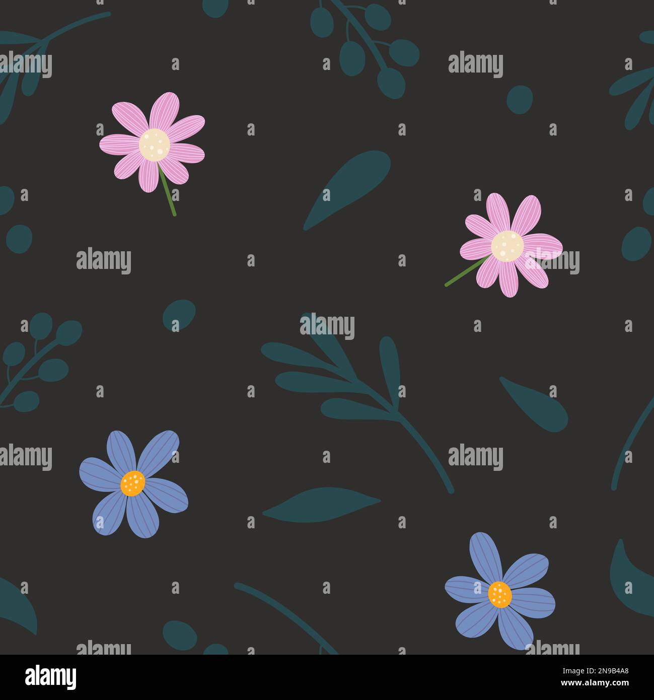 Motif sans couture avec fleurs sur fond noir. Motif raster pour le textile, les fonds, le tissu, les vêtements, le papier peint et le papier d'emballage. Banque D'Images