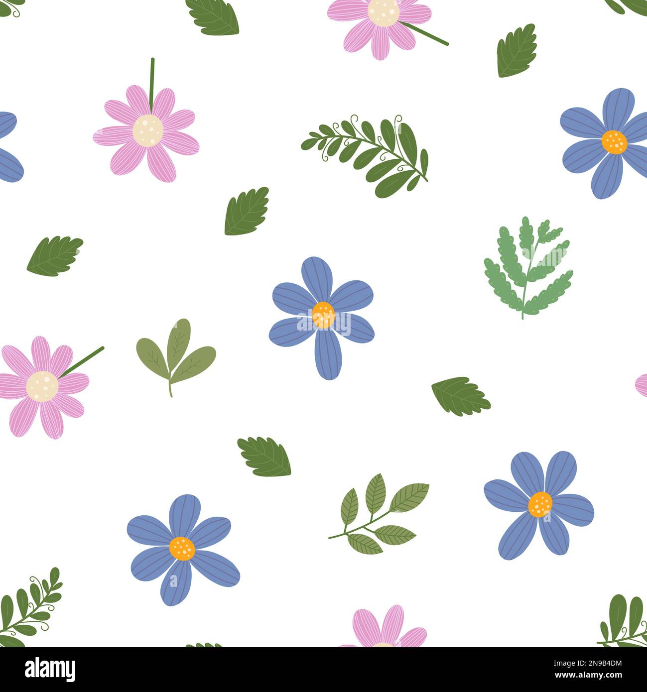 Motif sans couture avec fleurs sur fond blanc. Motif raster pour le textile, les fonds, le tissu, les vêtements, le papier peint et le papier d'emballage. Banque D'Images