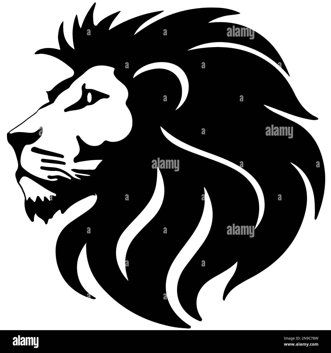 Tête de Lion pour l'impression ou le tatouage. Silhouette monochrome noir et blanc Banque D'Images