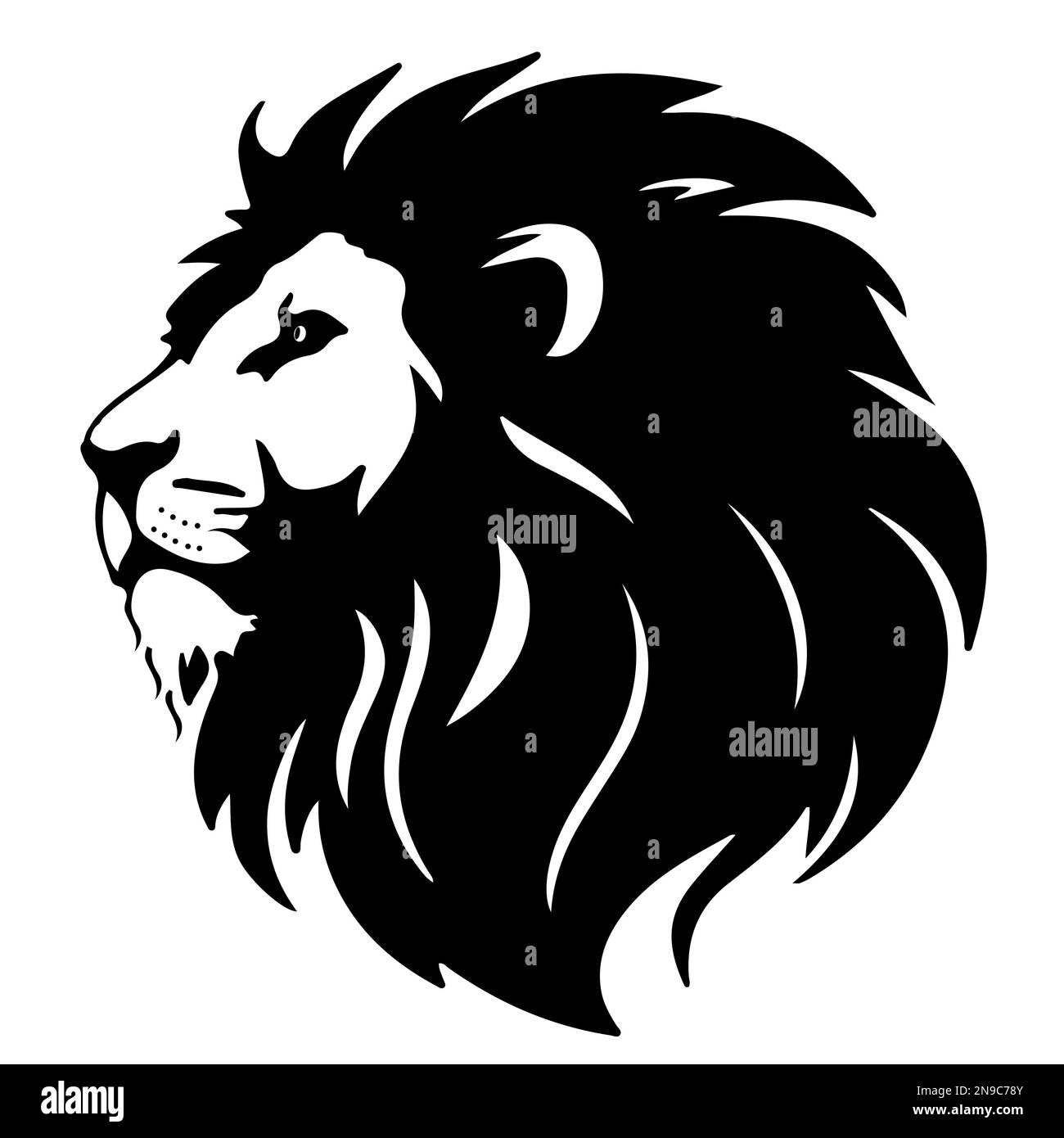 Tête de Lion pour l'impression ou le tatouage. Silhouette monochrome noir et blanc Banque D'Images