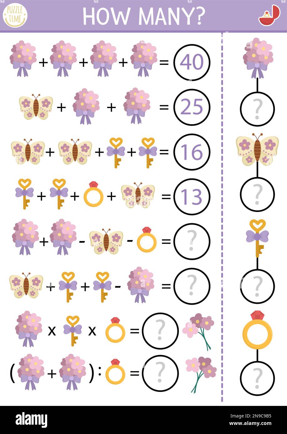 Combien de fleurs jeu, d'équation ou de rebus avec des bouquets mignons. Mariage activité mathématique pour les enfants de l'école. Simple cérémonie de mariage imprimable de compter WO Illustration de Vecteur