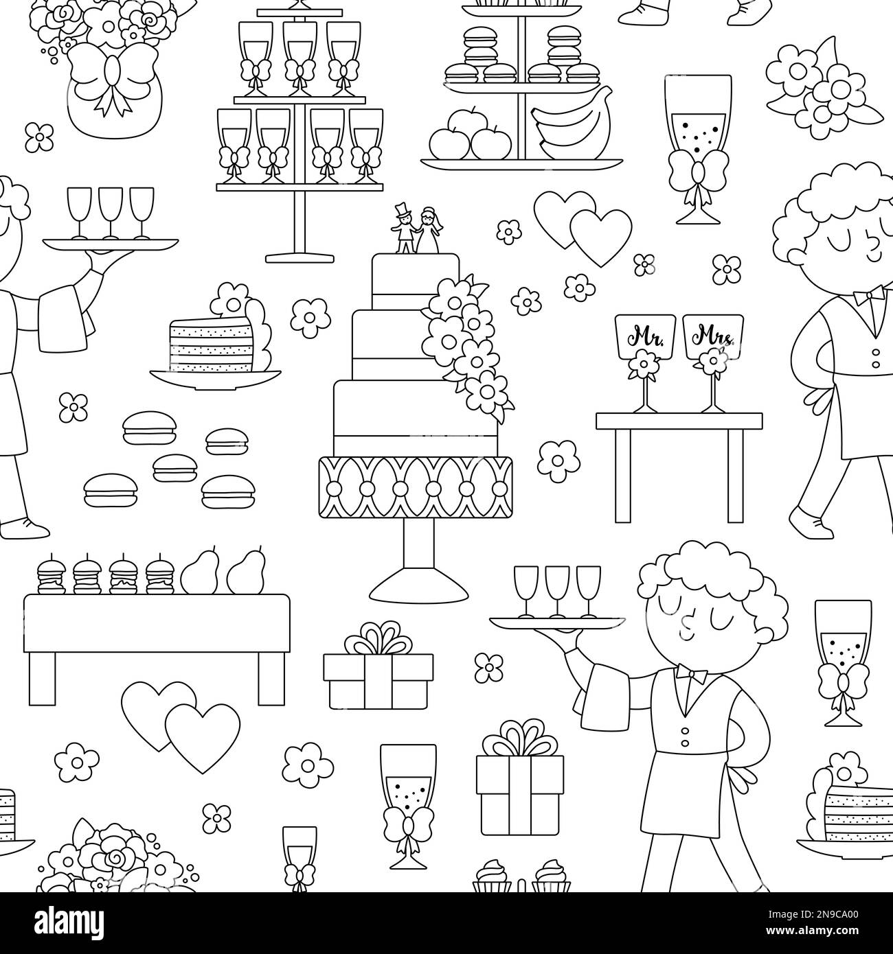 Motif vectoriel noir et blanc de la barre de bonbons de mariage sans couture. Jolie ligne mariage Sweet table ou buffet répéter fond avec serveur, gâteau, champagne. JU Illustration de Vecteur