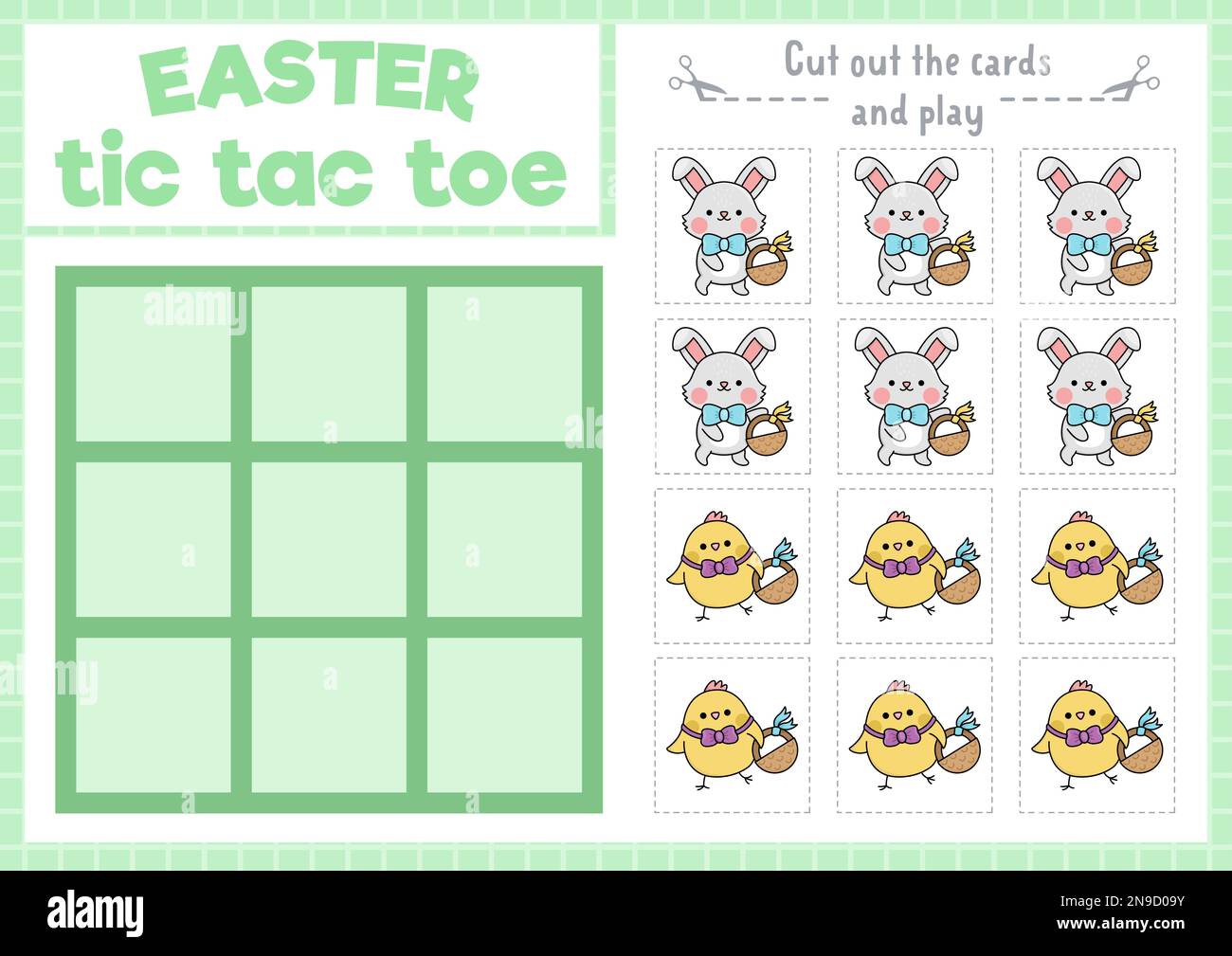 Graphique vectoriel de l'orteil du tac de Pâques avec lapin et poussin. Jeu de société kawaii terrain de jeu avec des personnages mignons. Feuille de travail imprimable pour les fêtes de printemps. Illustration de Vecteur