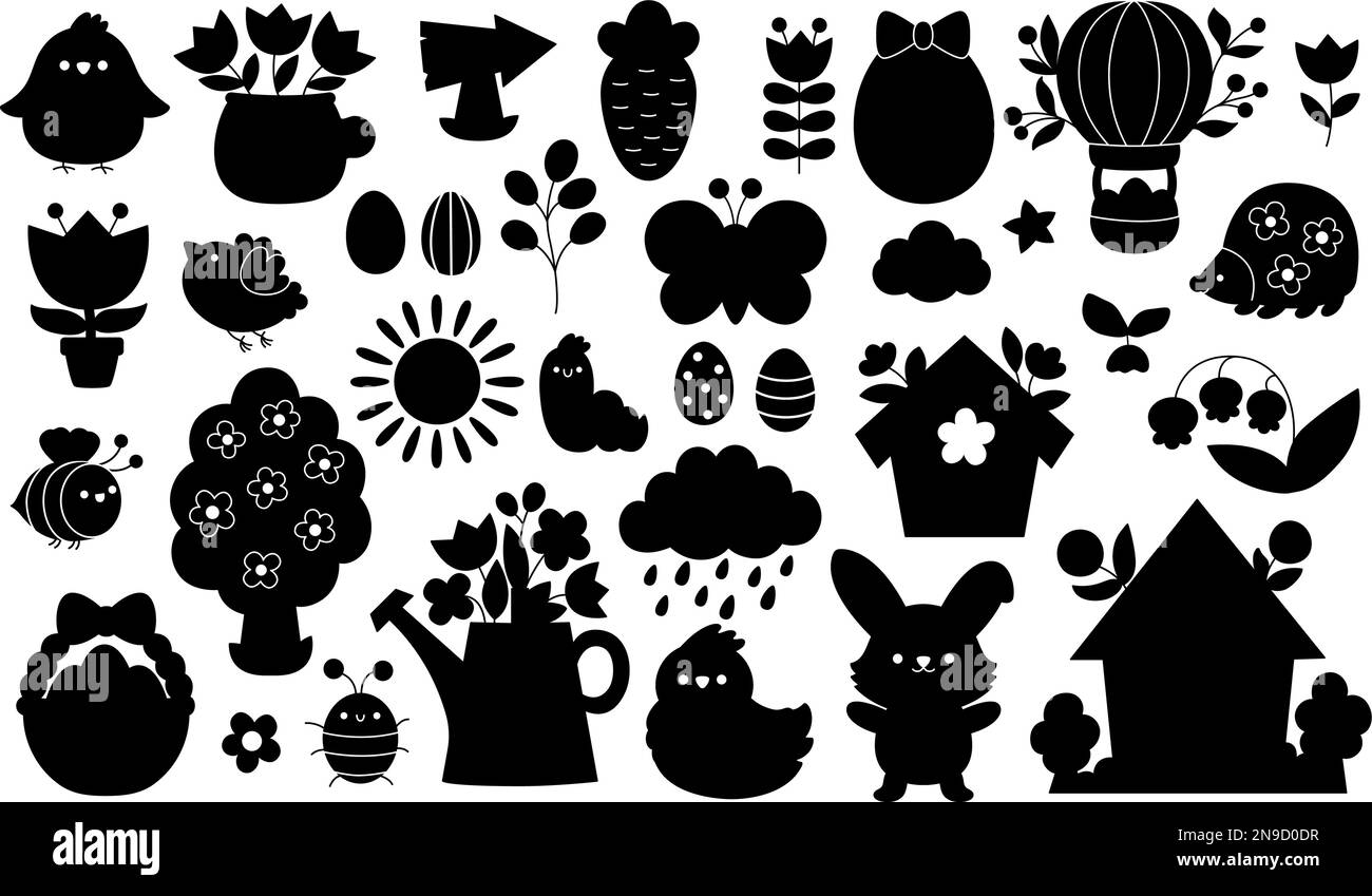 Ensemble de silhouette de Pâques à motif vectoriel. Chasse traditionnelle aux œufs ou jardin, clipart noir et blanc. Collection d'ombres avec lapin, poussin, œufs colorés, fleurs, bask Illustration de Vecteur