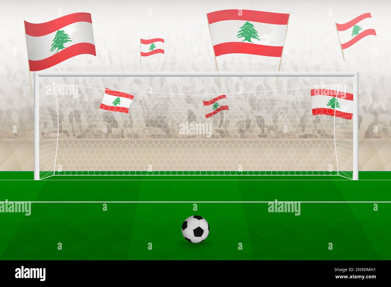 Les fans de l'équipe de football du Liban avec des drapeaux du Liban applaudissent au stade, le concept de penalty kick dans un match de football. Illustration de vecteur sportif. Illustration de Vecteur