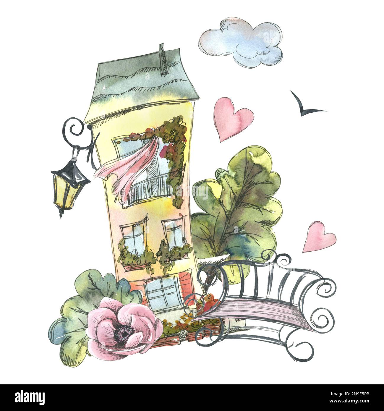Jolie maison jaune, européenne avec un banc, une lanterne, des fleurs d'anémones, des arbres, des nuages et des coeurs. Illustration aquarelle. Composition de PARIS Banque D'Images