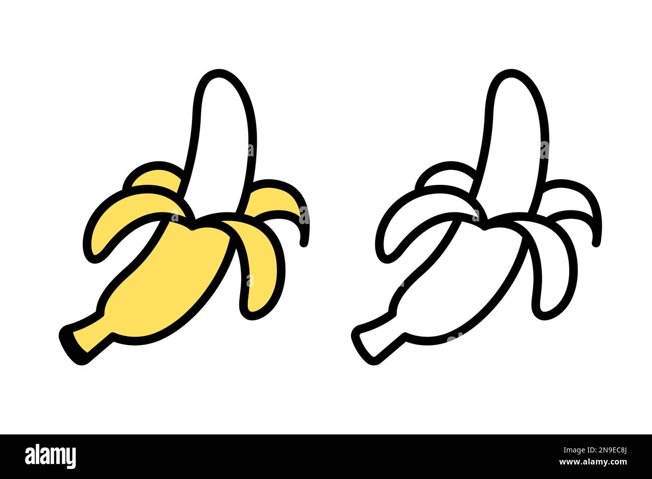 Banane pelée, icône en forme de doodle dessinée à la main. Panneau noir et blanc et couleur. Dessin simple, illustration de clip art vectoriel. Illustration de Vecteur