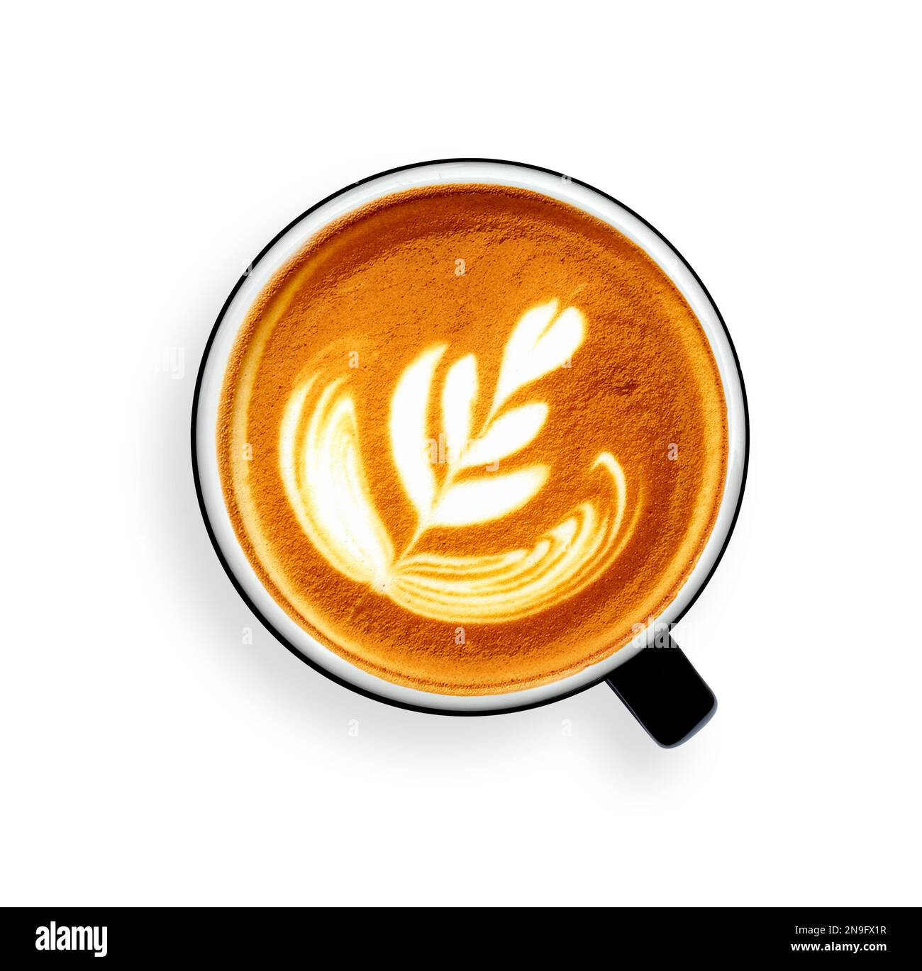 Amateur de café. Vue de dessus d'une tasse à café chaud avec une mousse en forme de coeur Barista art sur fond blanc. Bonne Saint Valentin. vue de dessus. pose à plat. Banque D'Images