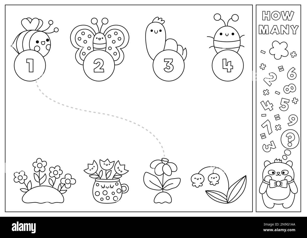 Jeu de printemps noir et blanc assorti aux fleurs et insectes kawaii mignons. Activité mathématique élémentaire dans le jardin pour les enfants d'âge préscolaire. Imprimable E Illustration de Vecteur