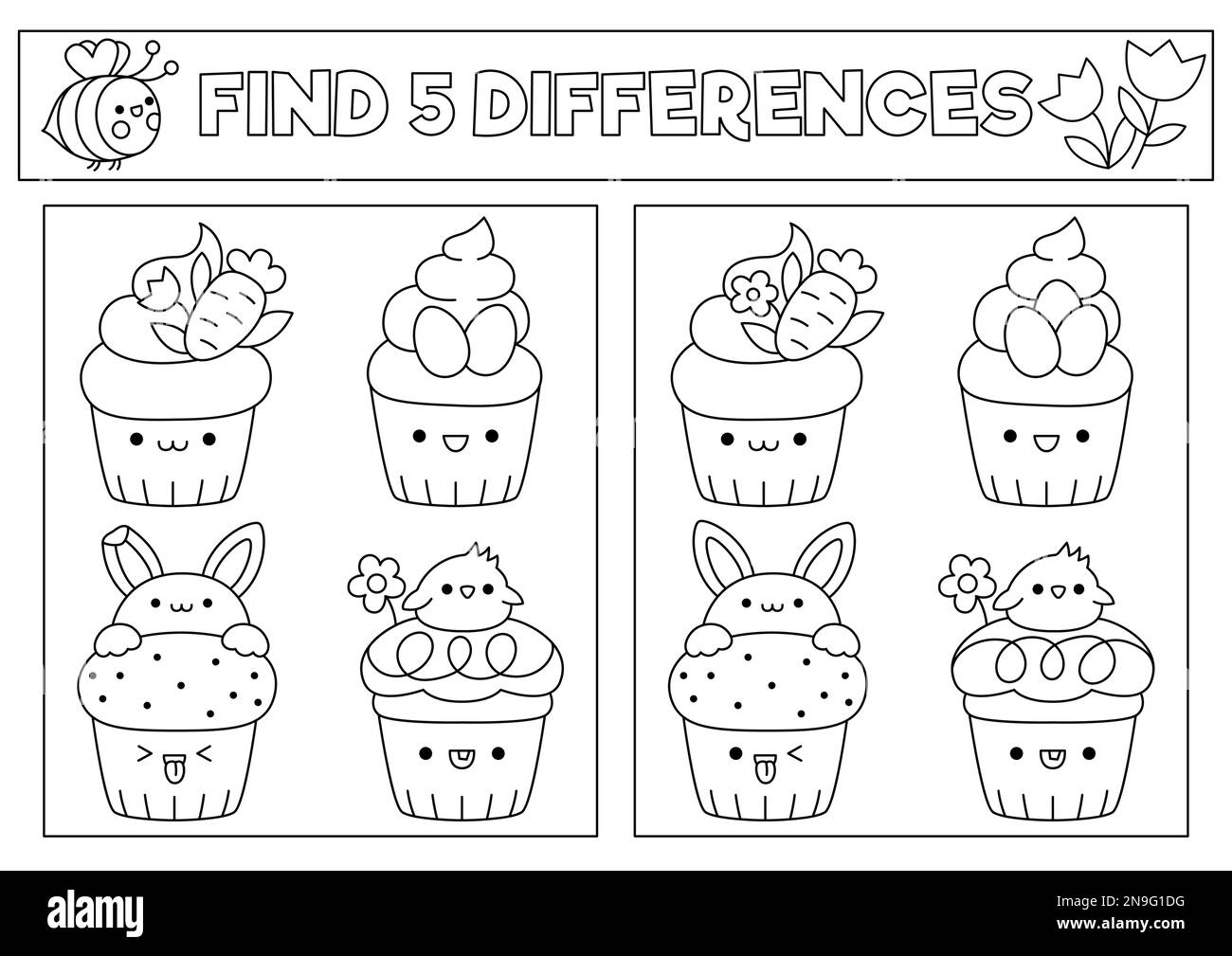Le kawaii noir et blanc de Pâques trouve le jeu des différences. Page de coloriage avec cupcakes mignons de carotte, fleur, oeufs. Puzzle de vacances de printemps pour les enfants avec f Illustration de Vecteur