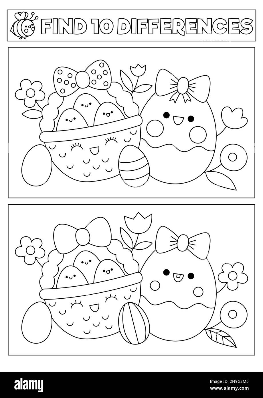 Le kawaii noir et blanc de Pâques trouve le jeu de différences pour les enfants. Page de coloriage avec panier mignon, œufs, fleurs. Puzzle ou activité de vacances de printemps pour Illustration de Vecteur