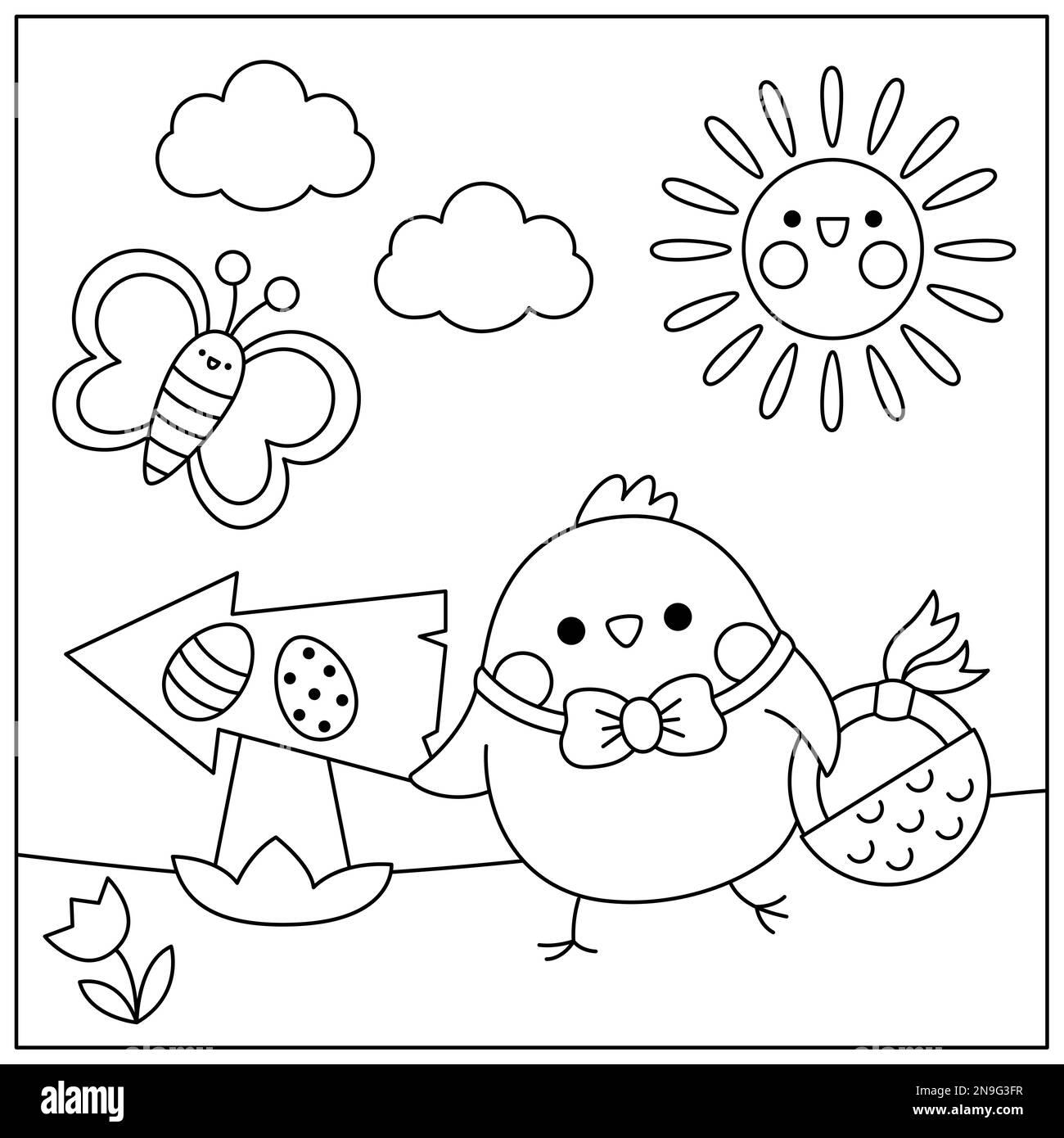 Scène de Pâques noire et blanche avec poussin et panier. Illustration de la ligne de dessin animé du ressort. Page de coloriage de chasse aux œufs de Noël pour les enfants avec Illustration de Vecteur