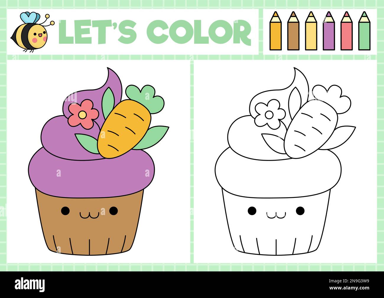 Page de coloriage de Pâques pour les enfants avec un cupcake de kawaii mignon à la carotte. Illustration vectorielle des vacances de printemps Vector. Livre couleur pour enfants avec e coloré Illustration de Vecteur