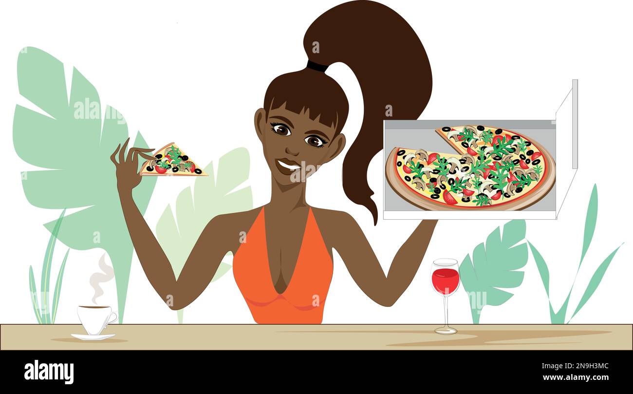 Une femme latine aux cheveux sombres tient une boîte de pizza délicieusement aromatisée. Le coulure coule. Illustration de Vecteur