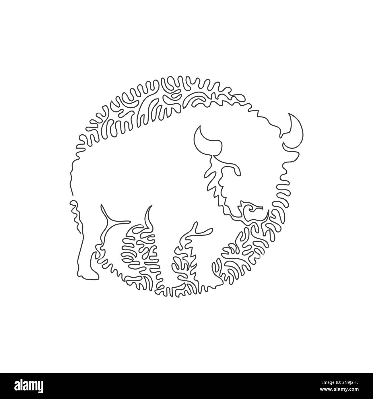 Simple tourbillon ligne continue dessin de bisons à tête énorme avec deux cornes. Ligne continue dessin graphique dessin vectoriel style d'illustration de bisons énormes Illustration de Vecteur