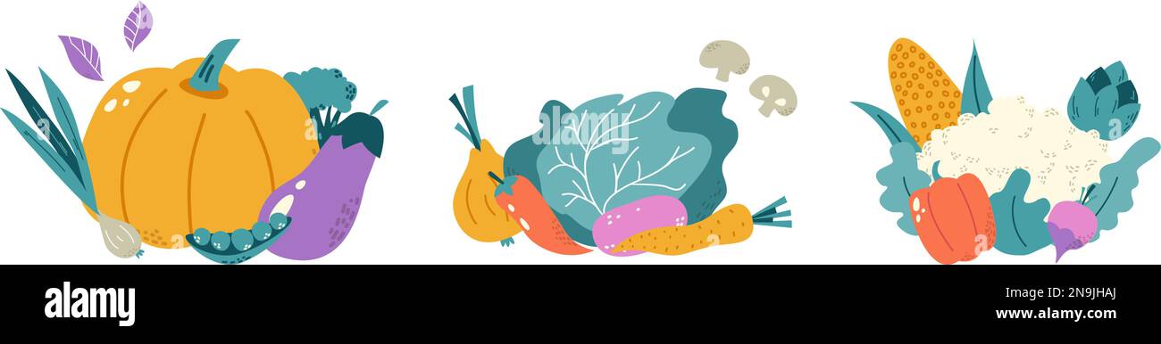 Compositions de légumes, doodle vegan groupes d'ingrédients crus. Citrouille isolée, chou, pommes de terre et poivre. Ensemble de vecteurs d'aliments biologiques frais Illustration de Vecteur