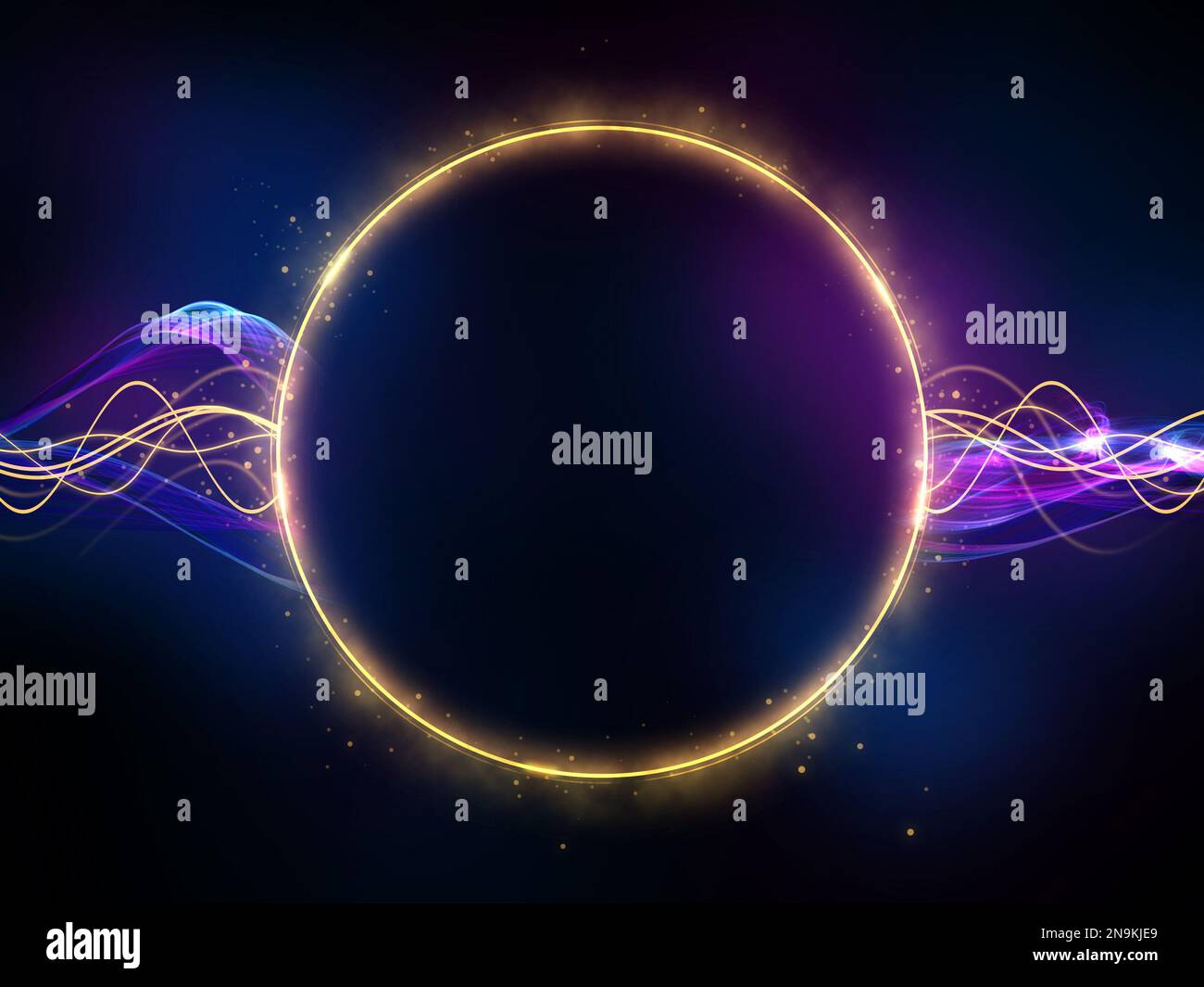 Arrière-plan sombre avec un cercle lumineux, des scintillements et des effets de lumière ondulés. Illustration numérique. Banque D'Images