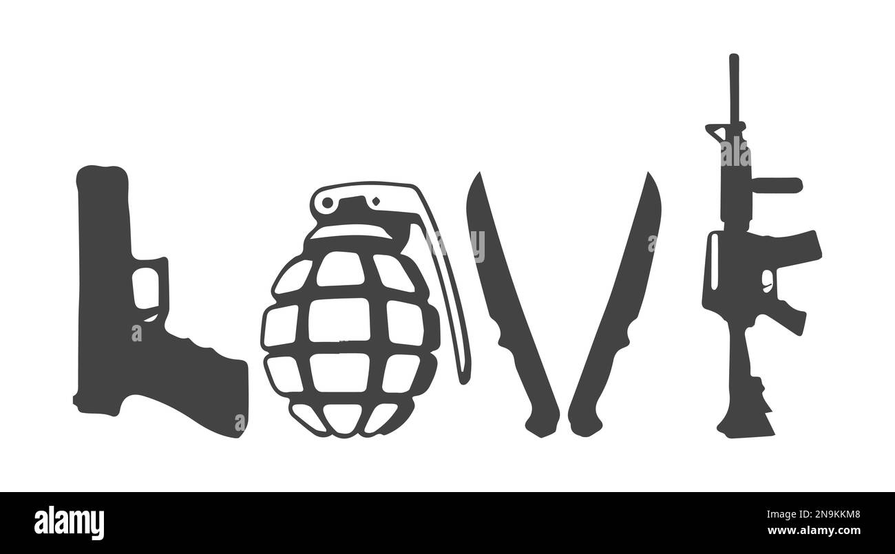 Texte d'amour avec des armes à feu, de la grenade et des couteaux. Motif pistolet. Illustration de Vecteur