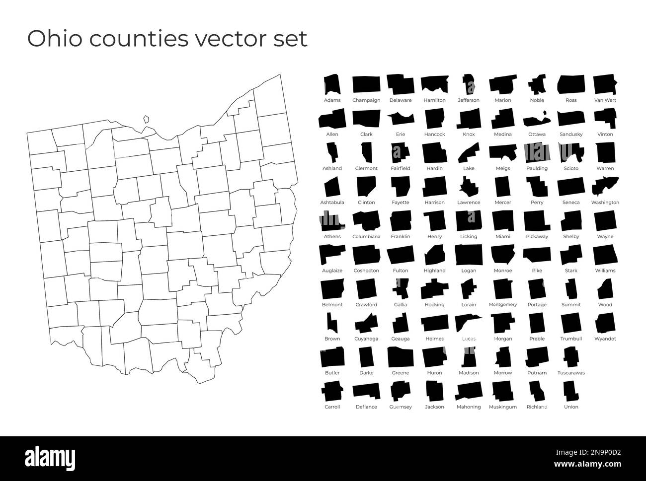 Carte de l'Ohio avec les formes des régions. Carte vectorielle vierge de l'état des États-Unis avec les comtés. Frontières de l'état américain pour votre infographie. Illustration vectorielle. Illustration de Vecteur