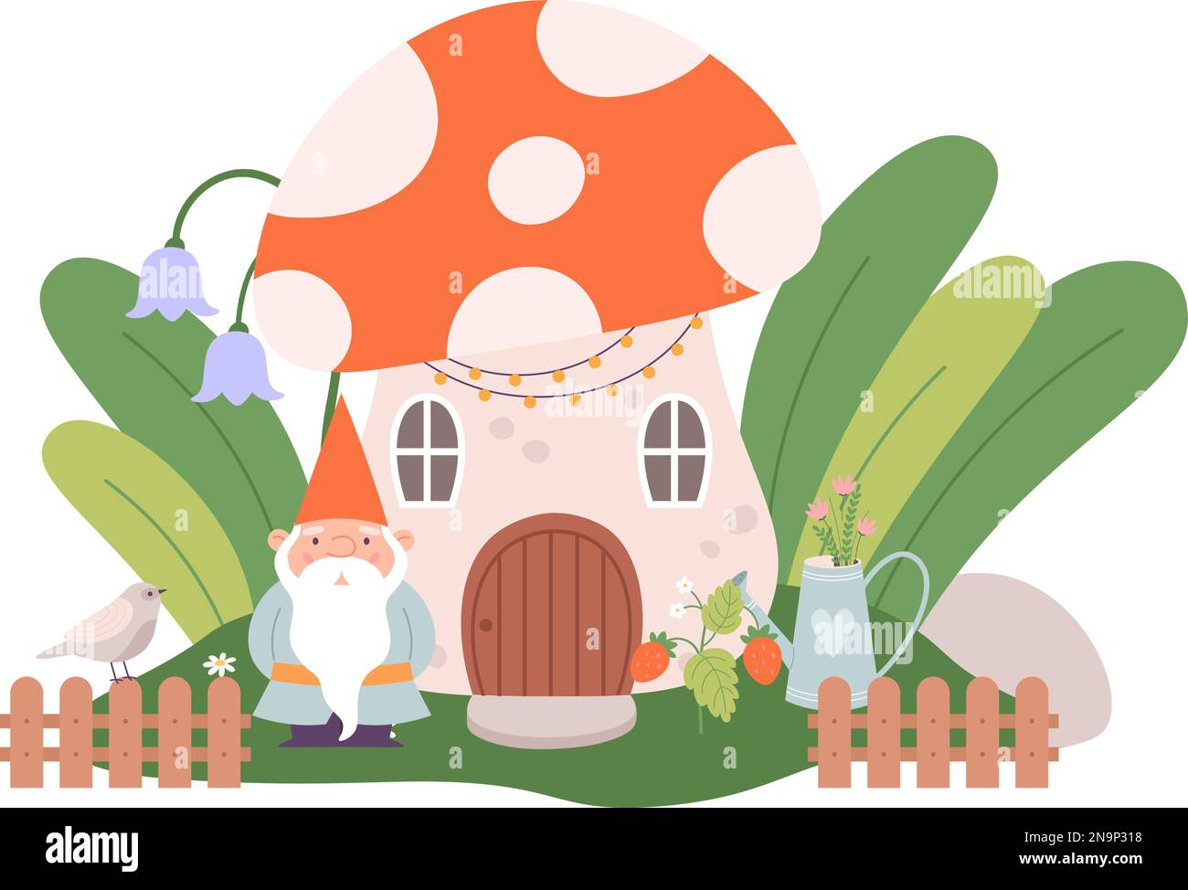 GNOME et champignon. Jardin nain, plantes et oiseau. Composition de conte magique de dessin animé. Personnages magiques de forêt, scène vectorielle Illustration de Vecteur