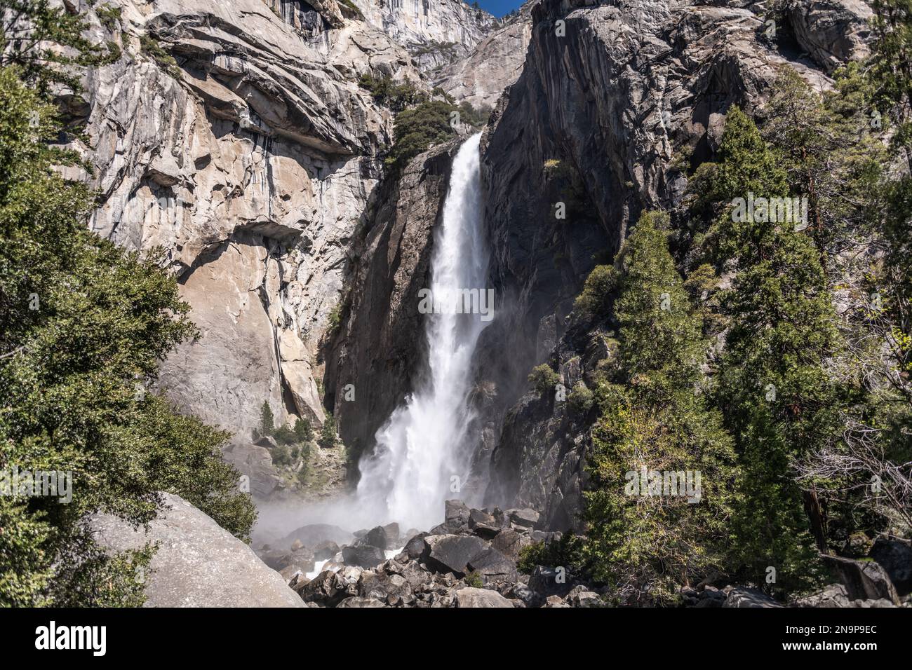 Abaissez les chutes de Yosemite par temps ensoleillé Banque D'Images