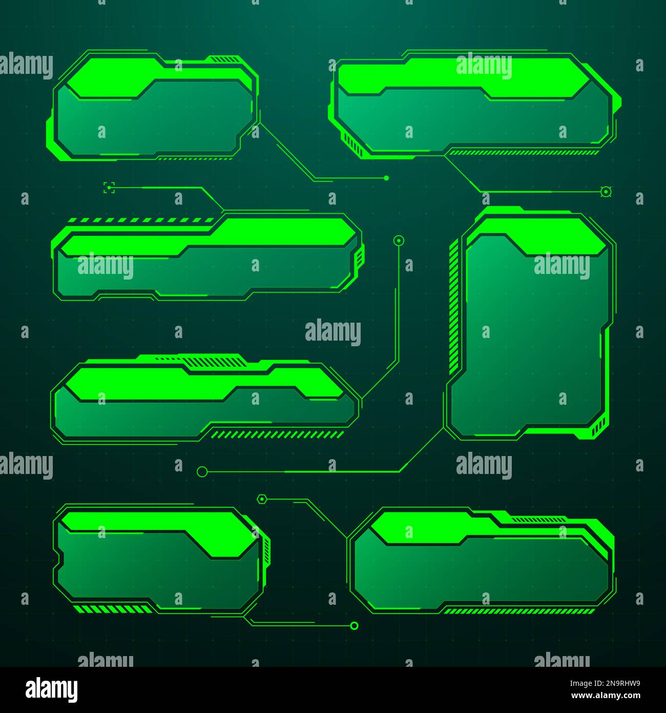Affichage tête haute futuriste vert, éléments d'interface utilisateur. Zones de texte et légendes de l'interface utilisateur SCI-fi. Cadres de message d'avertissement, modèle de zones d'information. Jeu moderne Illustration de Vecteur