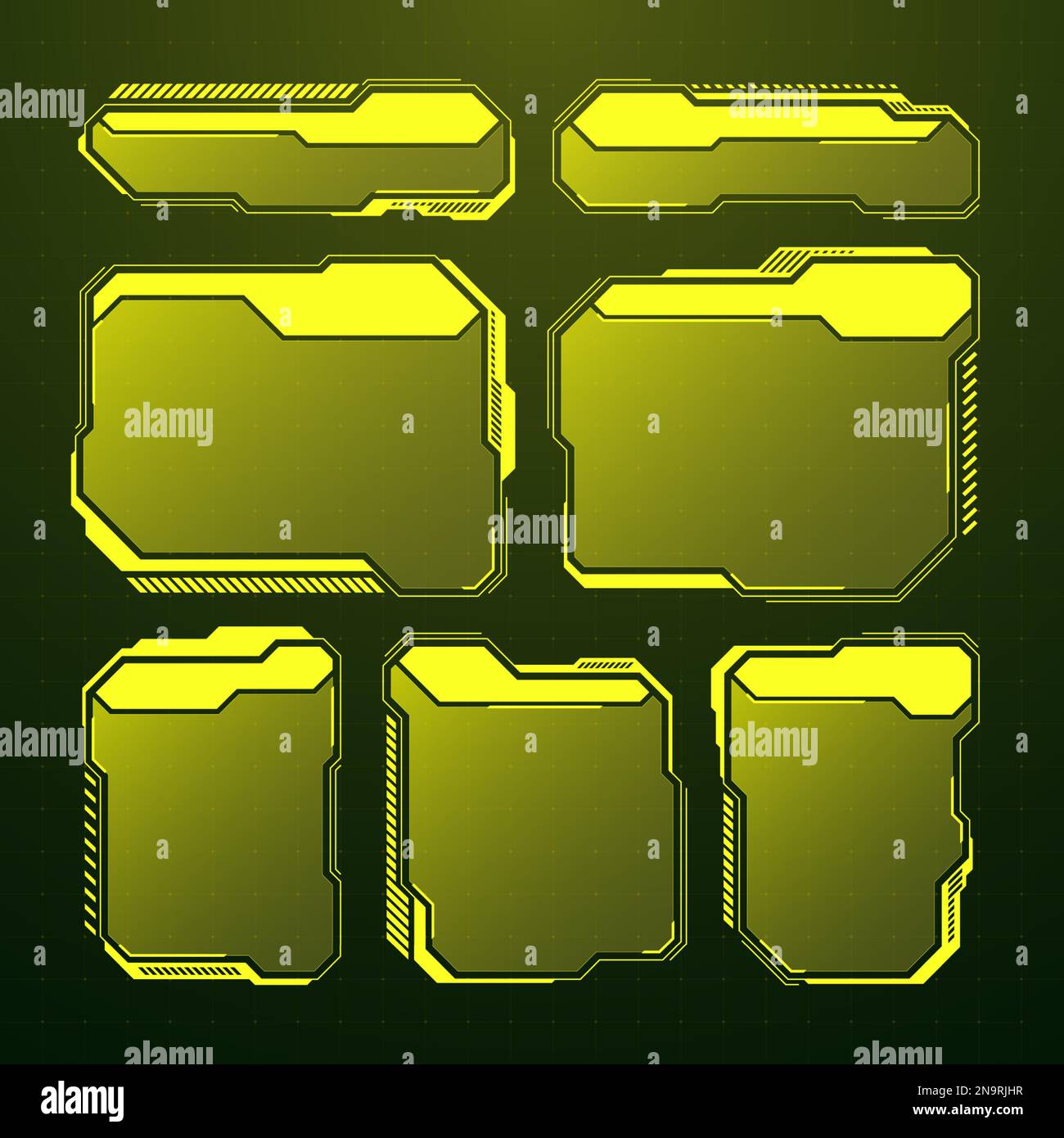 HUD futuriste jaune, éléments d'interface utilisateur. Zones de texte et légendes de l'interface utilisateur SCI-fi. Cadres de message d'avertissement, modèle de zones d'information. Jeu moderne Illustration de Vecteur