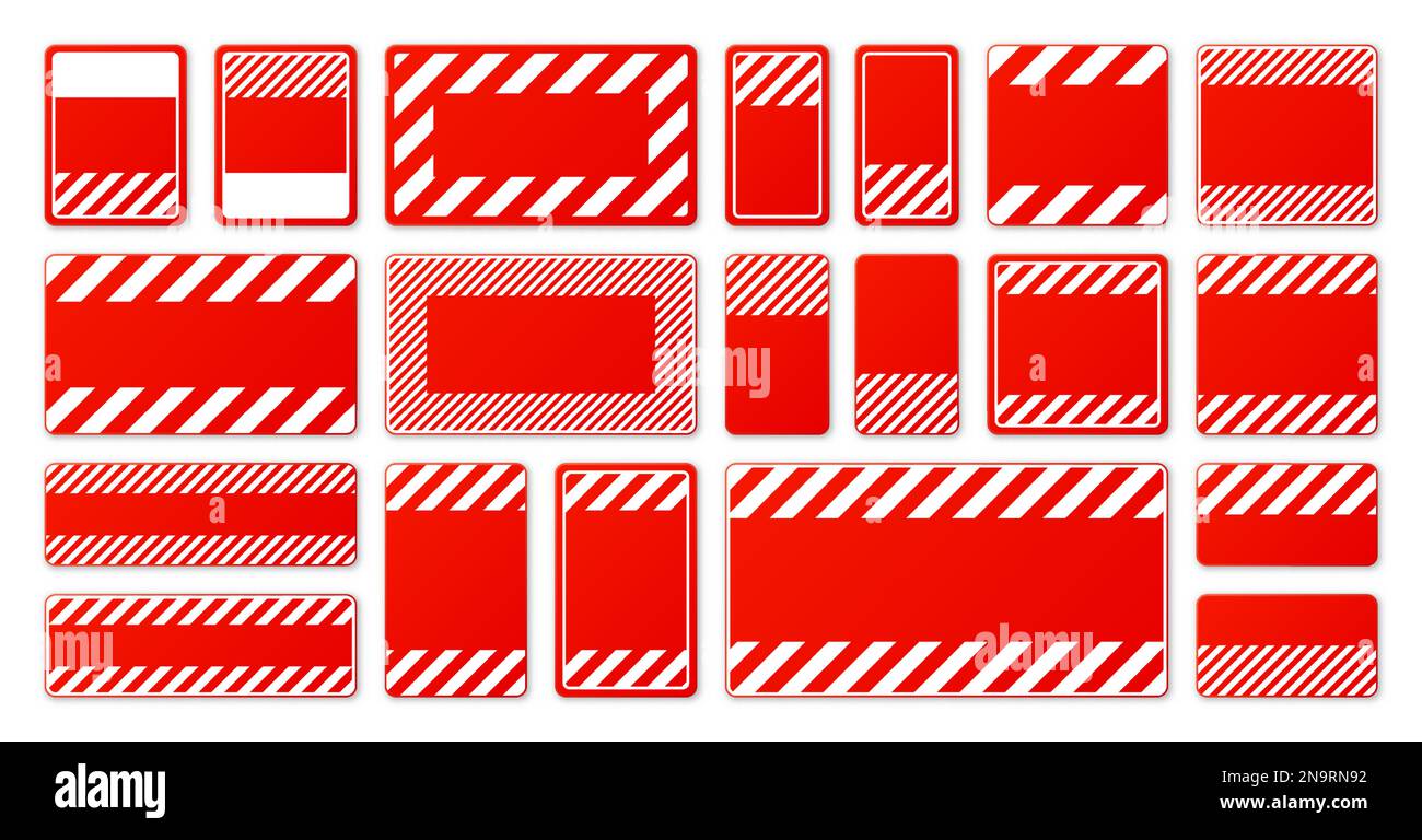 Divers panneaux d'avertissement rouges vierges avec lignes diagonales. Panneau attention, danger ou attention, signalisation du chantier. Panneau de signalisation réaliste, avertissement Illustration de Vecteur