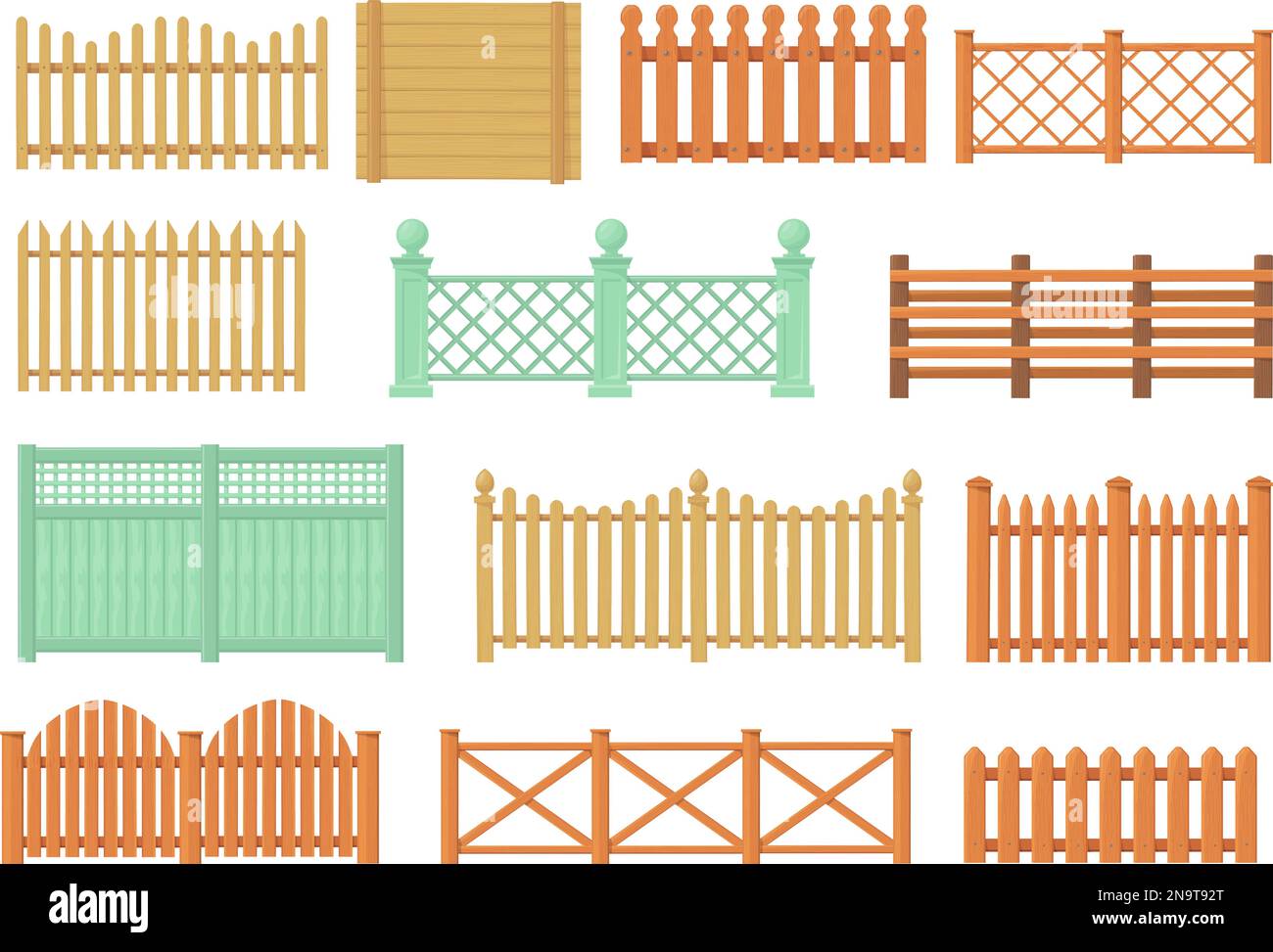 Clôtures en bois. Clôtures de dessins animés barres de bois matériaux, ferme ou ranch palissade clôture bois balustrade banister jardin clôture de haie barrière, illustration vectorielle de clôture de bois isolée Illustration de Vecteur