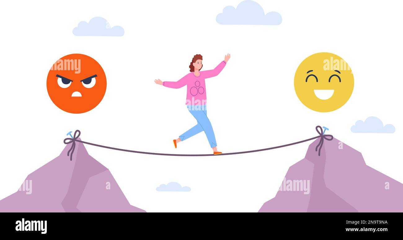 Équilibre émotionnel. Stabilité et humeur instable, émotion discipline thérapie sentiments contrôle positive triste ou heureuse femme sur corde instable desserrer vecteur illustration de l'équilibre émotion esprit Illustration de Vecteur