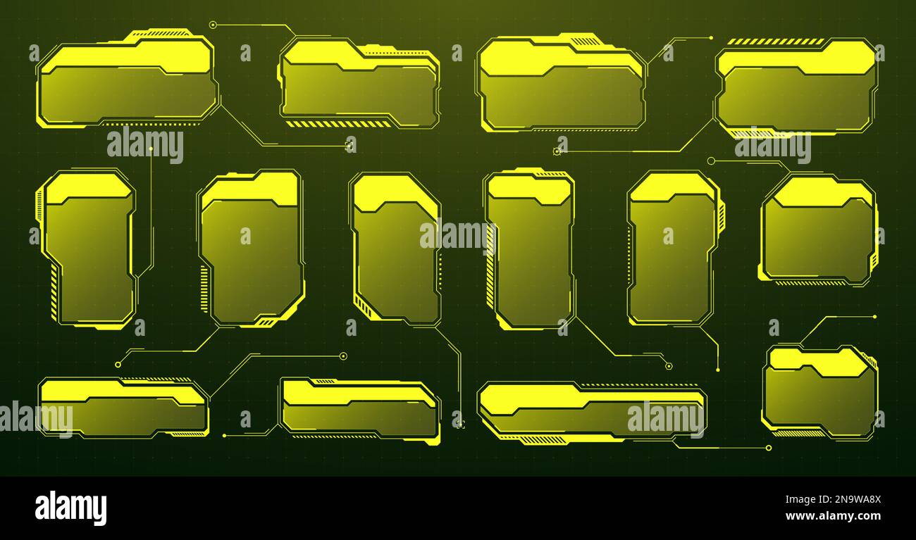 HUD futuriste jaune, éléments d'interface utilisateur. Zones de texte et légendes de l'interface utilisateur SCI-fi. Cadres de message d'avertissement, modèle de zones d'information. Jeu moderne Illustration de Vecteur