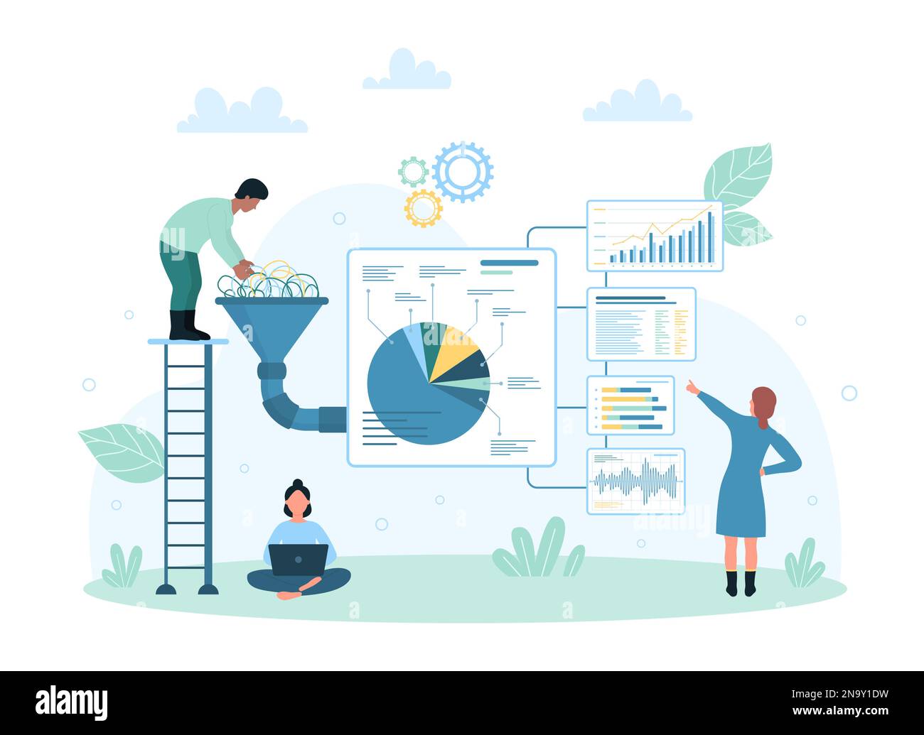 Illustration vectorielle de l'analyse du marché boursier. Les utilisateurs de cartoon Tiny travaillent sur la conversion des big data en graphiques et diagrammes d'infographie dans un entonnoir conique avec pipeline, analyse marketing et optimisation Illustration de Vecteur