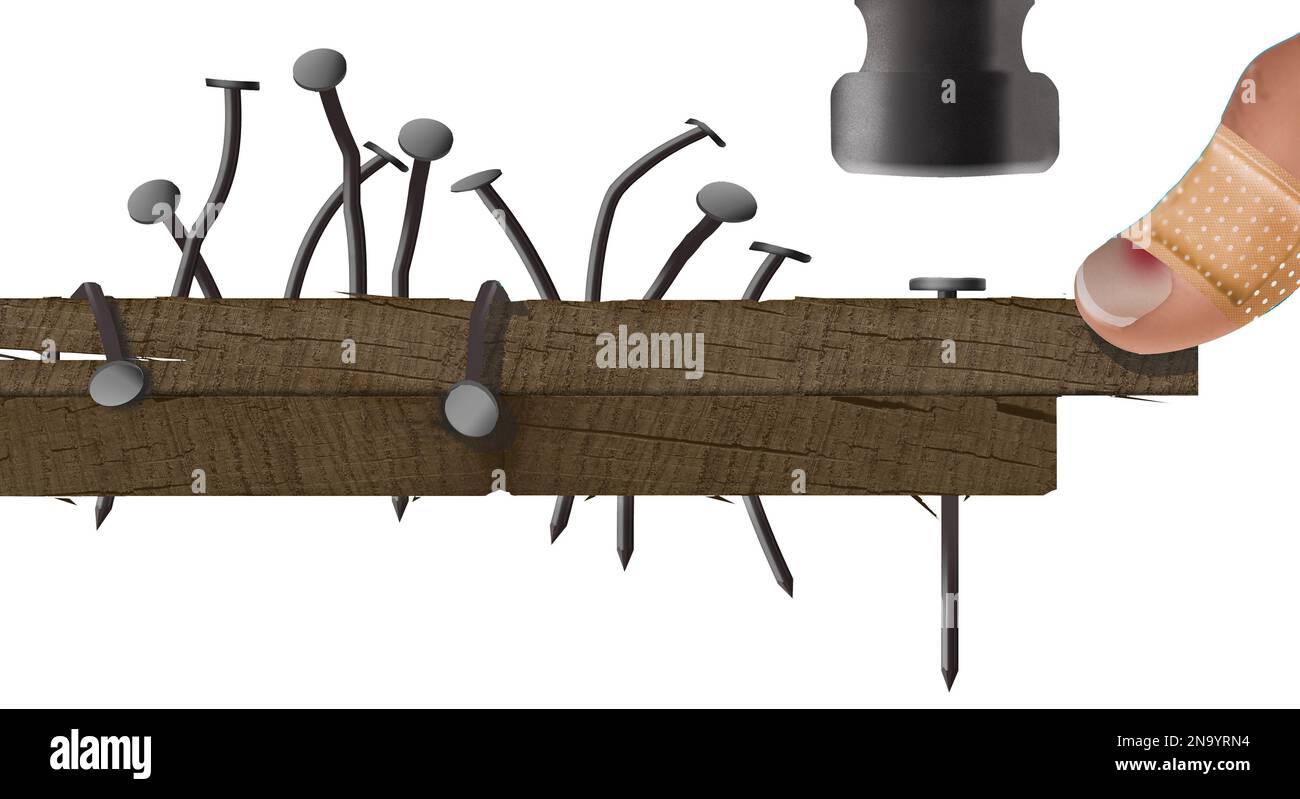 Beaucoup d'ongles pliés sont suivis d'un ongle parfaitement conduit dans une métaphore sur l'apprentissage de l'expérience. Le bandage sur le pouce signifie pas de douleur, pas de gain. Banque D'Images