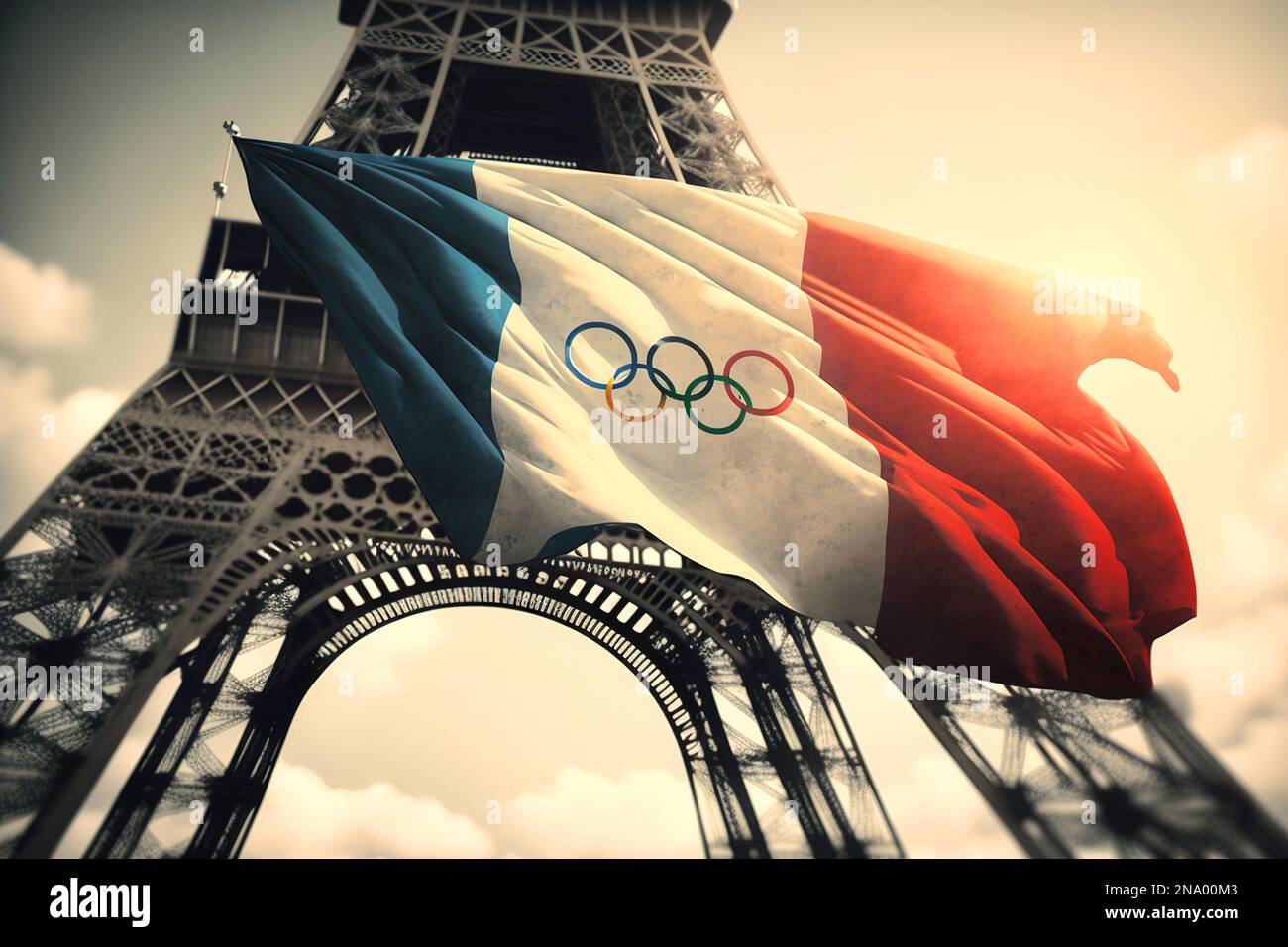 Drapeau français avec cinq anneaux sur le fond de la Tour Eiffel