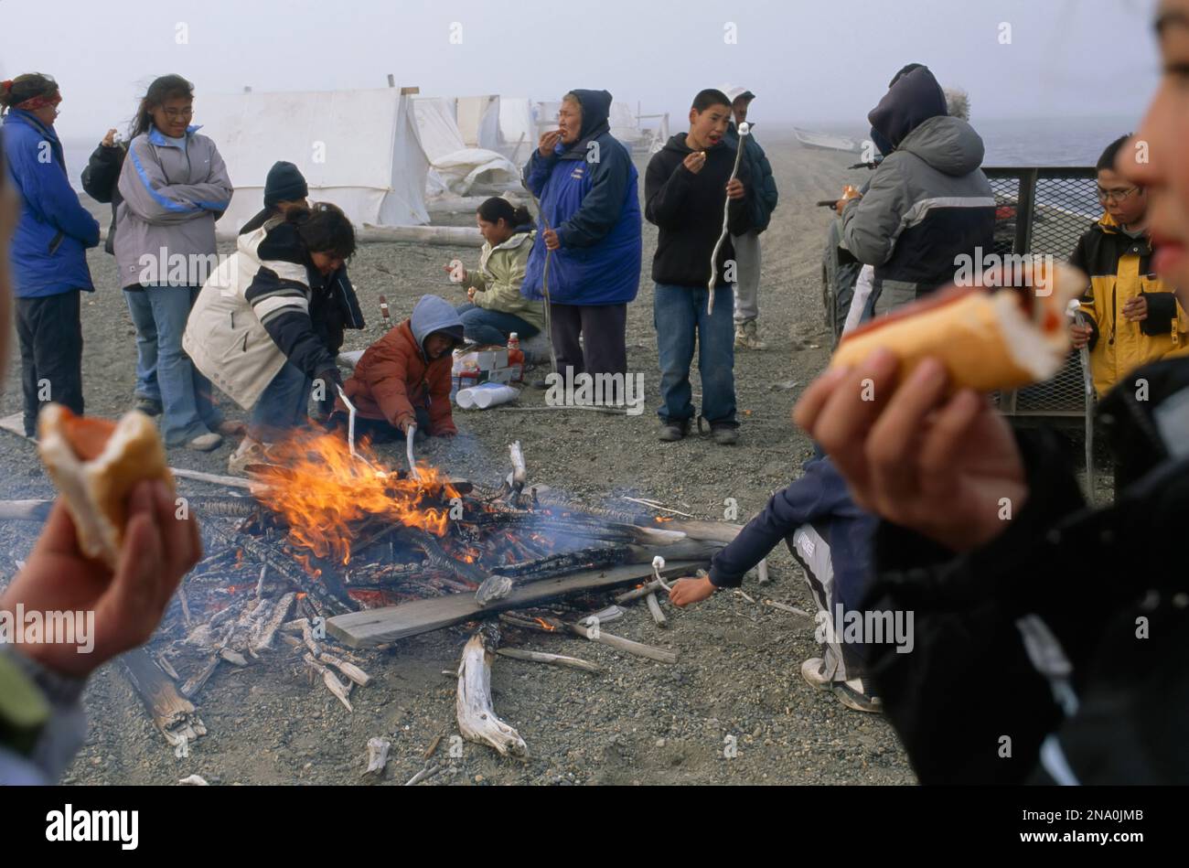 Inuit campement cuisine et mange à l'extérieur, North Slope Area, Alaska, USA ; North Slope, Alaska, États-Unis d'Amérique Banque D'Images