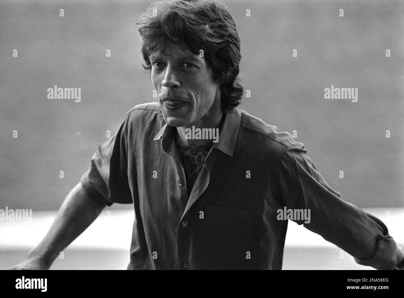 Mick Jagger from The Rolling Stones poses during a visit to the Hippodrome D 'Auteuil in Paris, France on May 18, 1982. The Stones will play at the  racing venue in June along