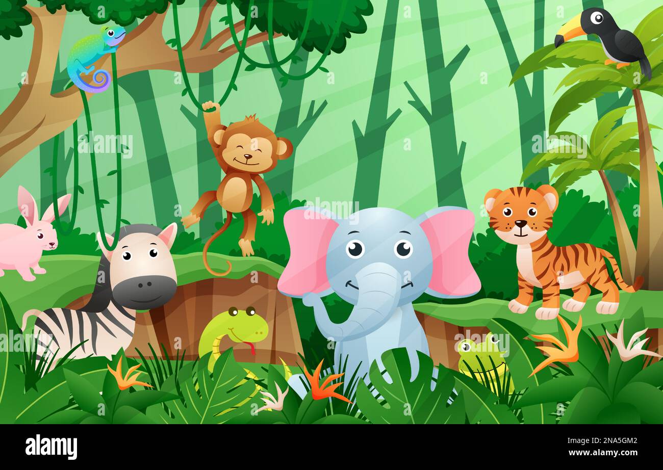 Animaux sauvages dans la jungle scène . Style enfants . Vecteur . Illustration de Vecteur Animaux sauvages dans la jungle scène . Style enfants . Vecteur . Illustration de Vecteur