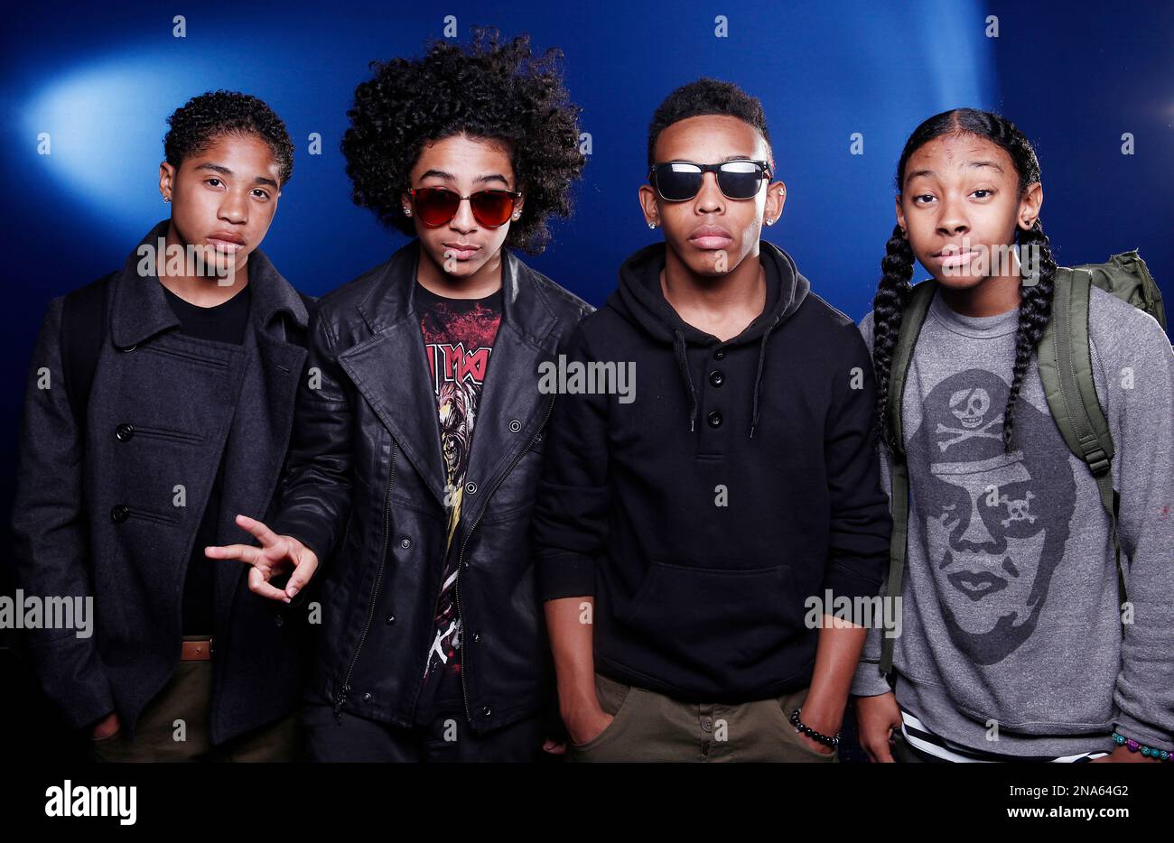 Members of teen R&B boy band Mindless Behavior Roc Royal, Princeton, Prodigy and Ray Ray pose for a portrait Mar. 8, 2012 in New York. (AP Photo/Carlo Allegri) Banque D'Images