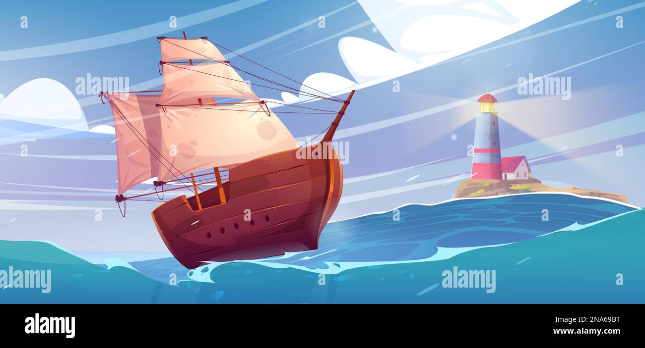 Paysage de mer avec phare sur l'île et bateau avec voile blanc. Fond de vecteur de dessin animé avec maison sur la côte rocheuse dans l'océan, Caravelle en bois. Construction de balises sur le paysage marin du port pendant le temps orageux Illustration de Vecteur