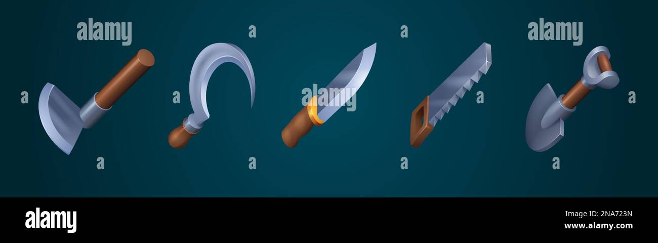 Ensemble de dessins animés d'outils de jeu d'agriculture isolés en arrière-plan. Illustration vectorielle de la houe, de la faucille, du couteau, de la scie et de la pelle en fer tranchante médiévale avec poignées en bois. Instruments de coupe, de récolte et d'excavation Illustration de Vecteur