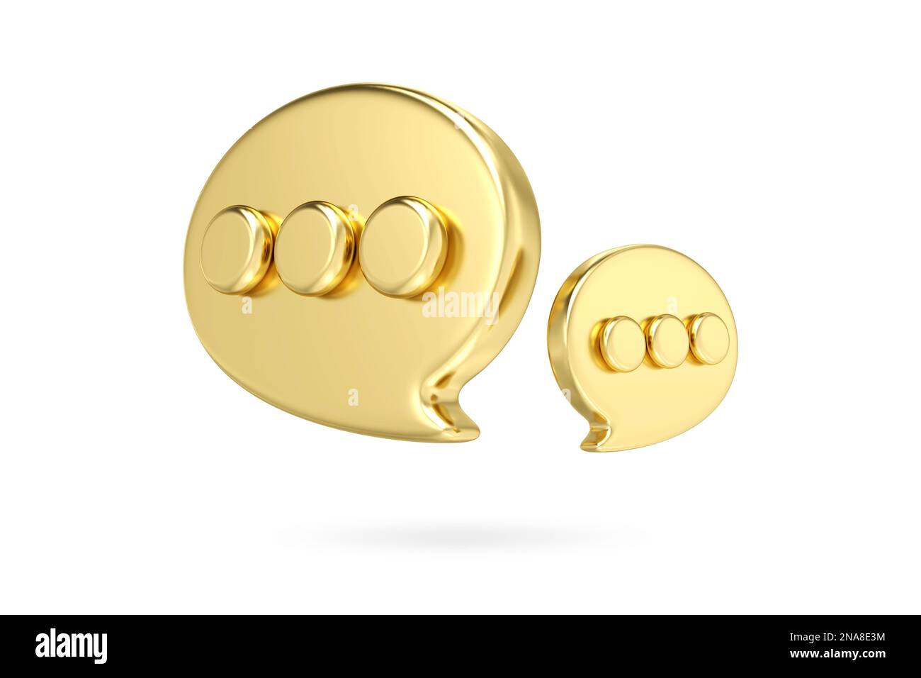 3d deux broches à bulles de voix en métal doré isolées sur fond blanc. Icône de bulle vocale de notification sur les réseaux sociaux. 3D rendu Banque D'Images