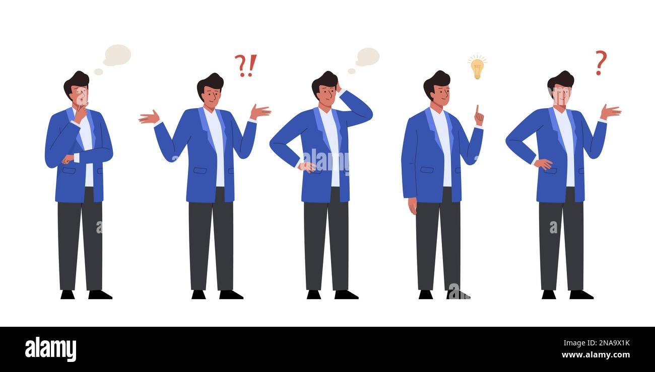 Ensemble de caractère d'homme d'affaires dans différentes poses et émotions. Se demander avec des points d'interrogation, de penser, de poser confus, de doute, de caractères incertains avec sc Illustration de Vecteur