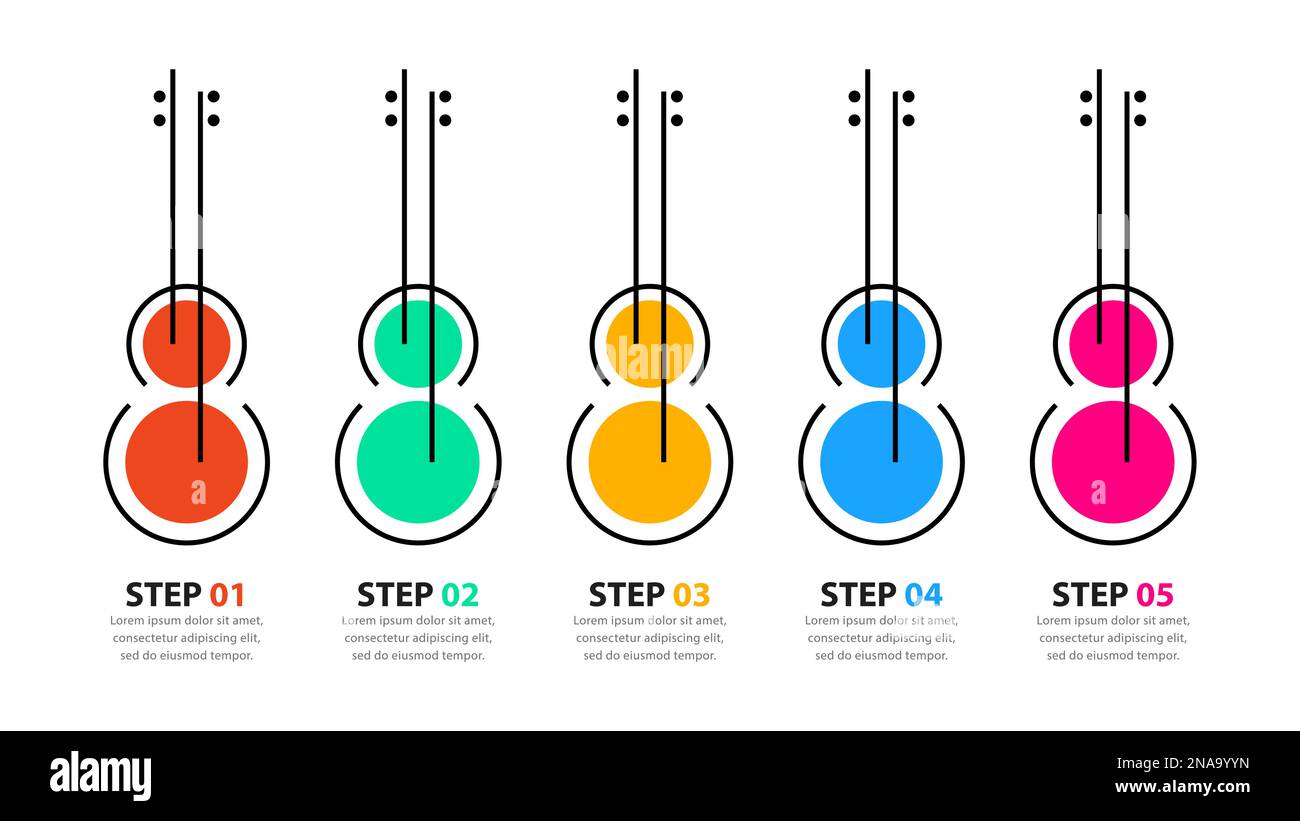 Modèle d'infographie avec 5 guitares abstraites. Peut être utilisé pour la mise en page de flux de travail, le diagramme, la bannière, la conception Web. Illustration vectorielle Illustration de Vecteur